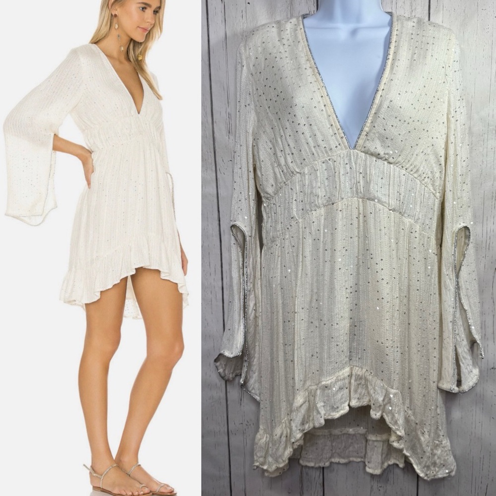 Sundress Ivory Sequin Ruffle Tunic Mini Dress Resort Glam Boho Coastal Cowgirl